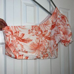SUMMERTIME BLOOMS ORANGE FLORAL CROPPED ONE SHOULDER BLOUSE